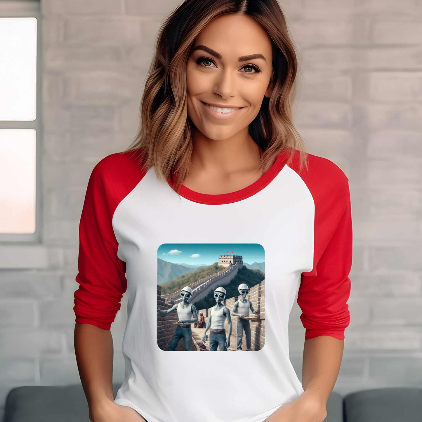 Baseball Tee - Aliens Building Great Wall of China