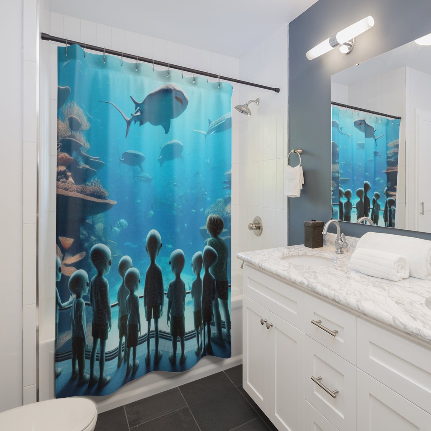 Aliens and Whale Sharks Shower Curtain