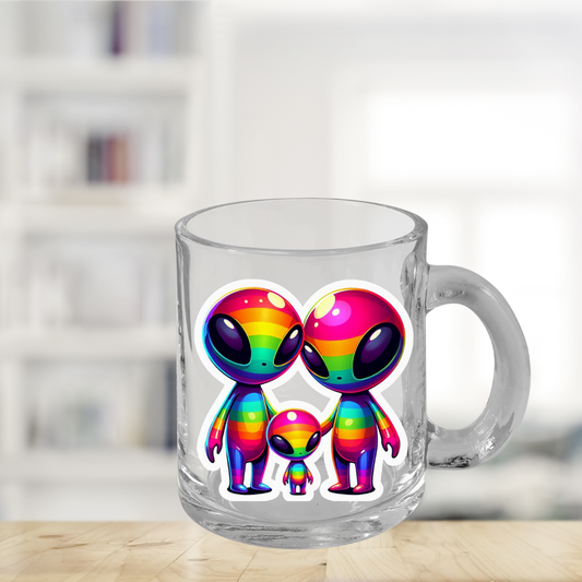 Rainbow  Aliens Glass Mug with Handle, 10oz