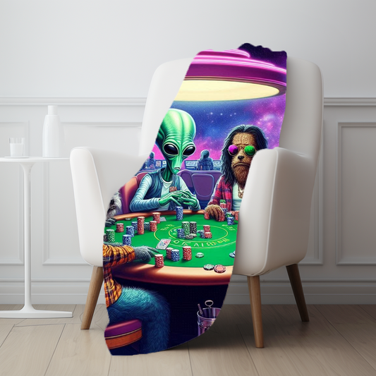 Aliens and Dogs playing Poker Velveteen Plush Blanket