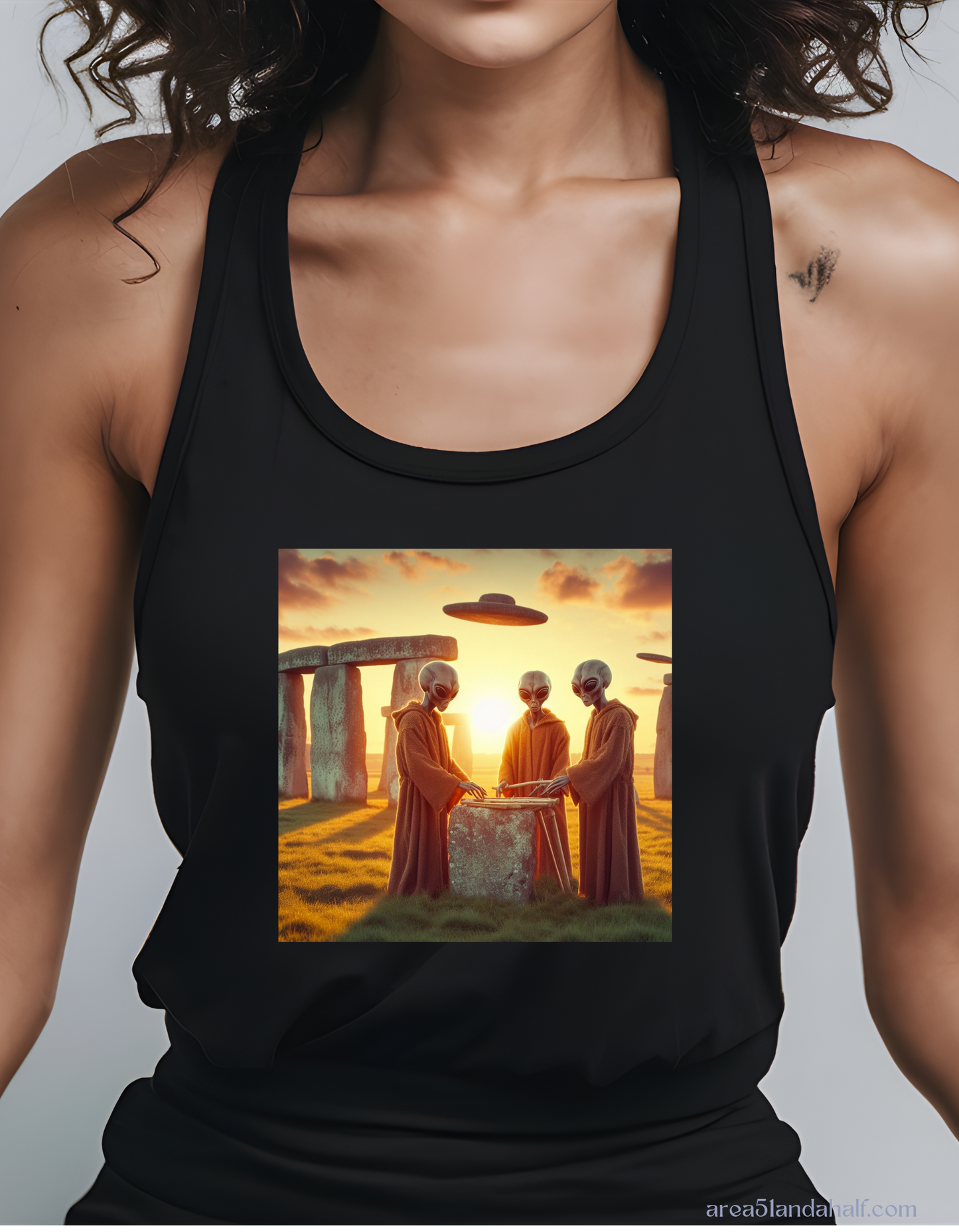 Aliens at Stonehenge Racerback Tank