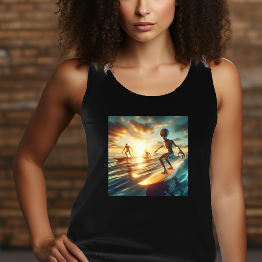 Sunset Surfing Aliens  Racerback Tank