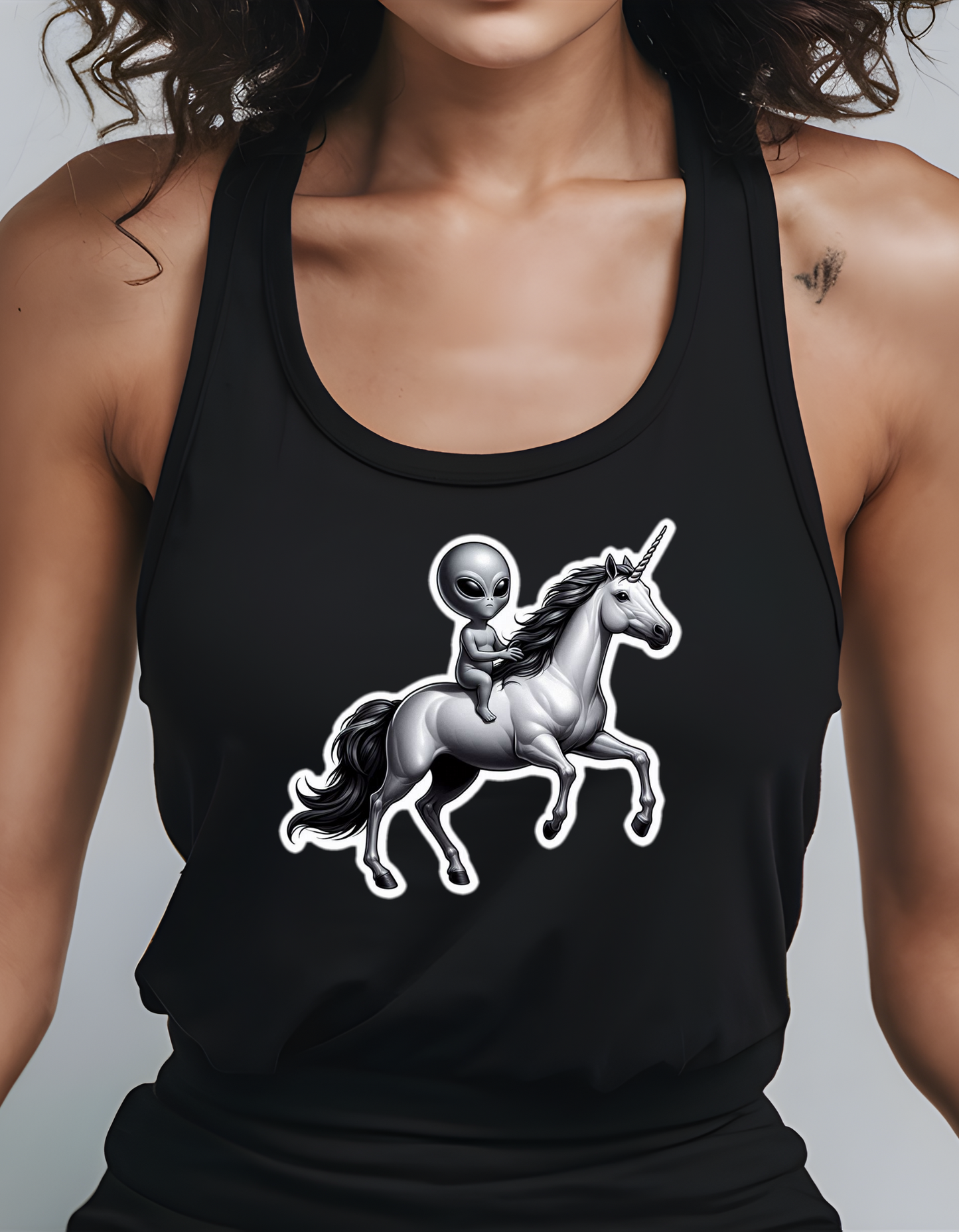 Alien Riding a Unicorn Racerback Tank