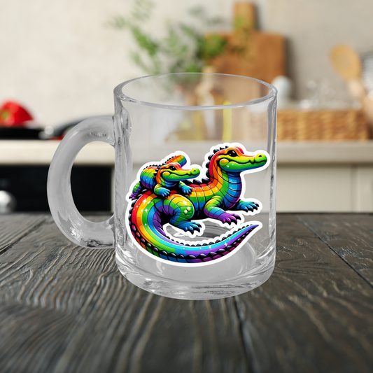 Rainbow Alligators Glass Mug with Handle, 10oz