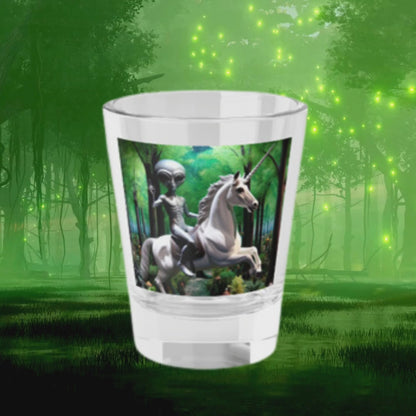 Alien Riding a Unicorn Shot Glass